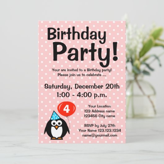 ペンギン付き4歳の誕生日パーティの招待状おもしろい 招待状 (スタンド正面)