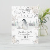 ペンギン冬のオネダーランド雪の結晶1歳の誕生日 招待状 (スタンド正面)