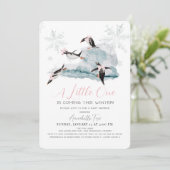 ペンギン冬のスノーフレークピンクの女の子ベビーシャワー 招待状 (スタンド正面)