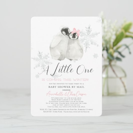 ペンギン冬のスノーフレークピンクの赤ちゃんシャワーby Mail 招待状 (スタンド正面)