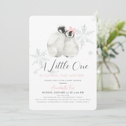 ペンギン冬のスノーフレークピンクガールベビーシャワー 招待状 (スタンド正面)