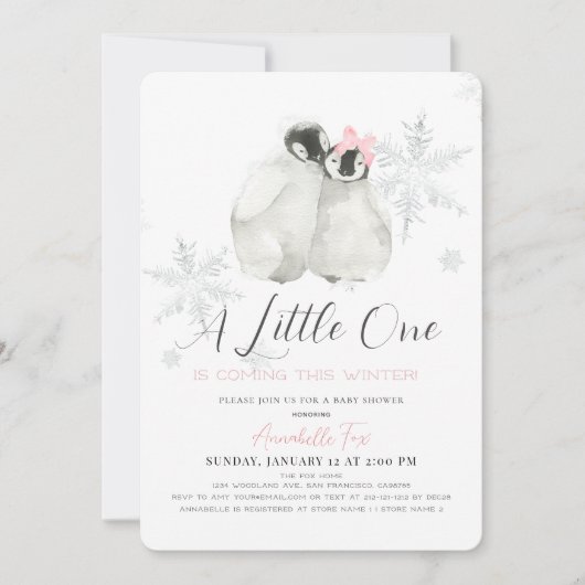 ペンギン冬のスノーフレークピンクガールベビーシャワー 招待状 (正面)