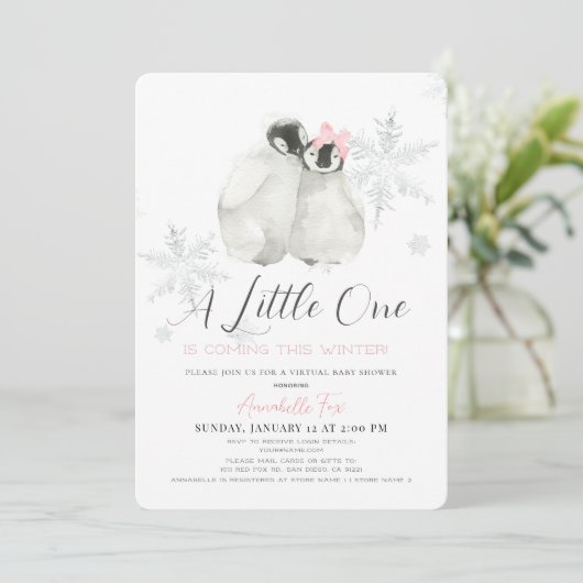ペンギン冬のスノーフレークピンク仮想ベビーシャワー 招待状 (スタンド正面)