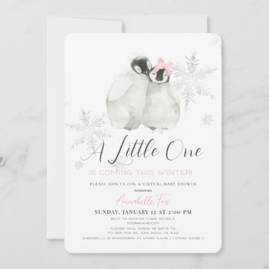 ペンギン冬のスノーフレークピンク仮想ベビーシャワー 招待状 (正面)