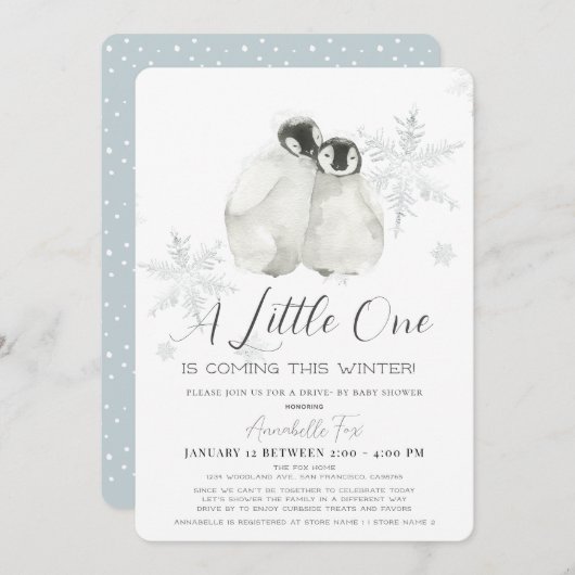ペンギン冬のスノーフレークブルードライブバイベビーシャワー 招待状 (正面/裏面)