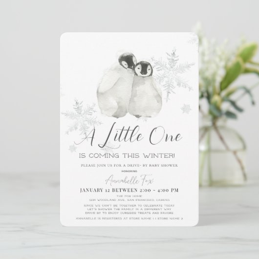 ペンギン冬のスノーフレークブルードライブバイベビーシャワー 招待状 (スタンド正面)