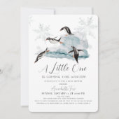 ペンギン冬のスノーフレークブルーボーイベビーシャワー 招待状 (正面)