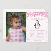 ペンギン冬の女の子の誕生日写真 招待状 (正面/裏面)