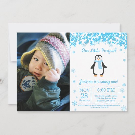ペンギン冬の男の子の誕生日写真 招待状 (正面)