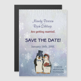ペンギン冬の雪の結晶の結婚式の日付を保存 マグネット招待状