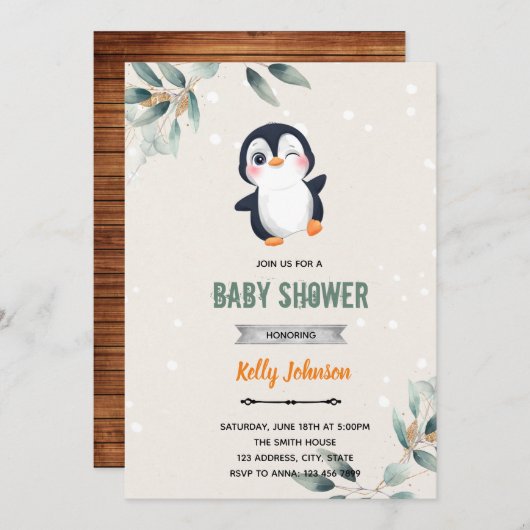 ペンギン動物園の動物が誕生日の招待状をシャワーに出す 招待状 (正面/裏面)