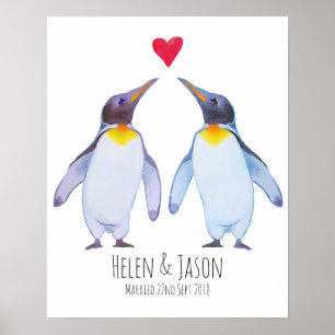 ペンギン名前をカスタムする結婚ズのカップルウォールアート ポスター