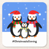 ペンギン家族あなたのテキストクリスマス スクエアペーパーコースター (正面)