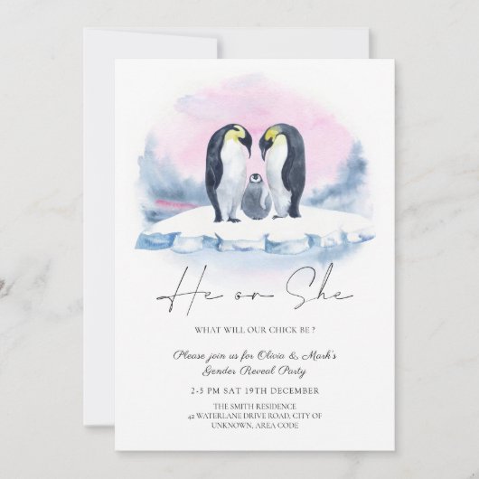 ペンギン家族の冬のクリスマスジェンダーの発表 招待状 (正面)