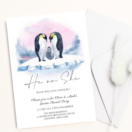 ペンギン家族の冬のクリスマスジェンダーの発表 招待状
