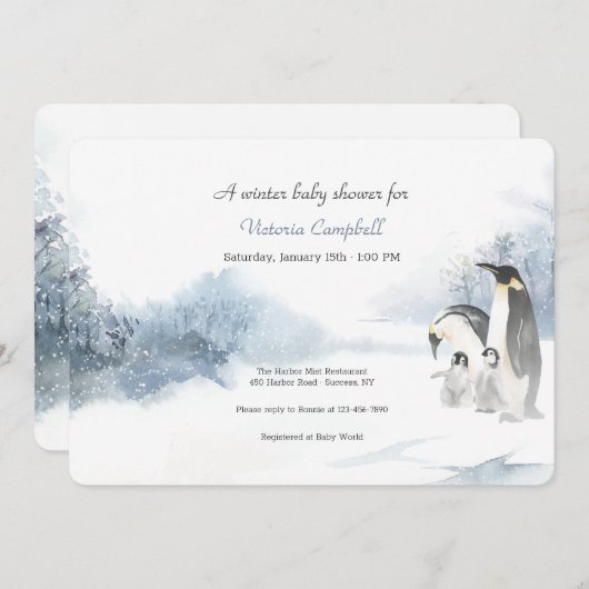 ペンギン家族の赤ちゃんシャワー 招待状 (正面/裏面)
