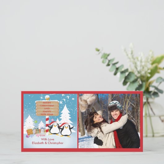 ペンギン家族の2ホリデークリスマスフォトカード シーズンカード (スタンド正面)