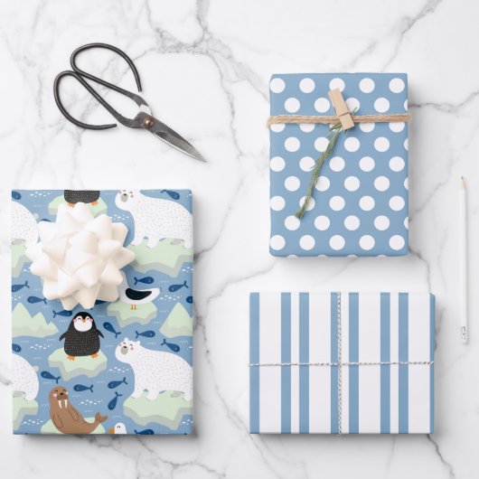 ペンギン極熊シールラッピング紙セット3 ラッピングペーパーシート (正面)