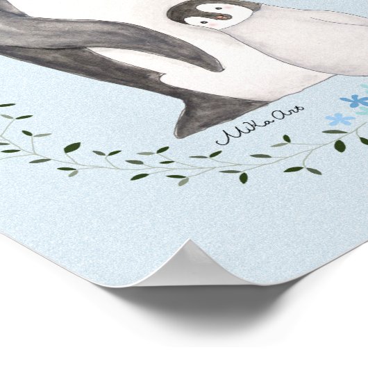 ペンギン母/パパとベビーかわいいペンギン子供部屋アート ポスター (角)