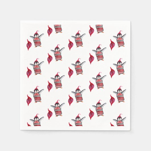 ペンギン水彩画クリスマス スタンダードカクテルナプキン (正面)