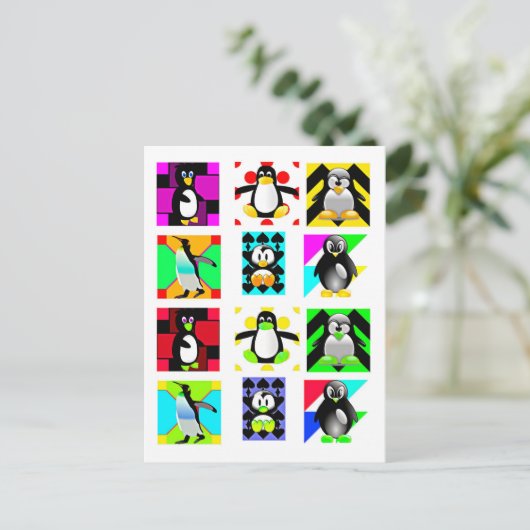 ペンギン漫画の鳥抽象芸術アートコラージュ ポストカード (スタンド正面)