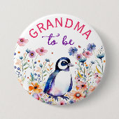 ペンギン花ベビーシャワーおばあちゃん 缶バッジ (正面)