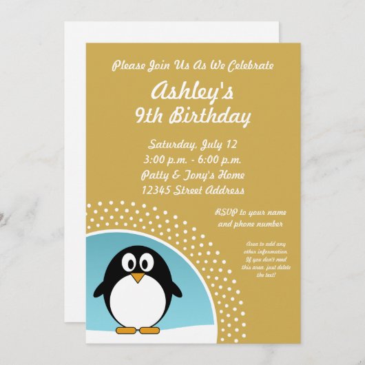 ペンギン誕生日パーティーの招待 招待状 (正面/裏面)