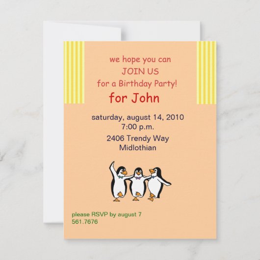 ペンギン誕生日パーティーへの招待 招待状 (裏面)