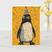ペンギン誕生日パーティーグリーティングカード カード (黄色い花)