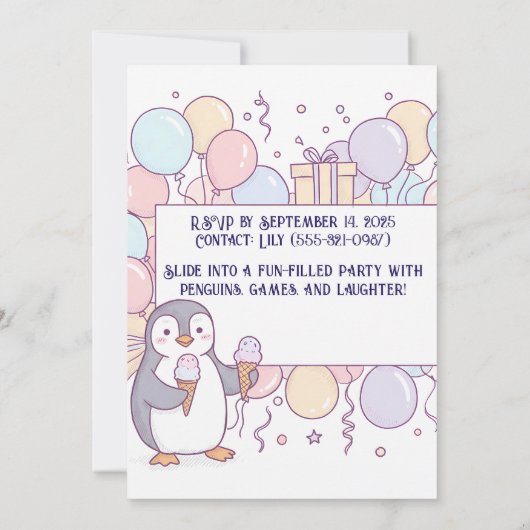 ペンギン誕生日招待状 – かわいいキッズパーティー 招待状 (裏面)