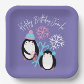 ペンギン誕生日雪片ピンクブルーウィンターパーティー ペーパープレート (正面)