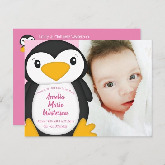 ペンギン赤ちゃんシャワーピンクの少女 ポストカード (正面/裏面)