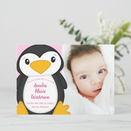 ペンギン赤ちゃんシャワーピンクの少女 招待状 (スタンド正面)
