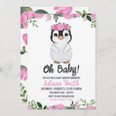 ペンギン赤ちゃんシャワーフローラピンクブラック 招待状 (正面/裏面)