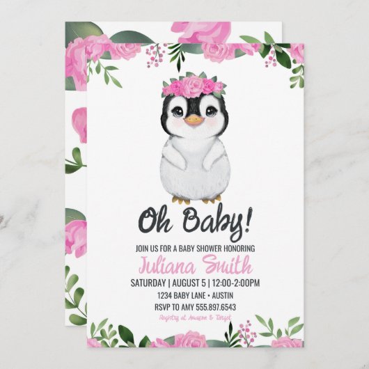ペンギン赤ちゃんシャワーフローラピンクブラック 招待状 (正面/裏面)