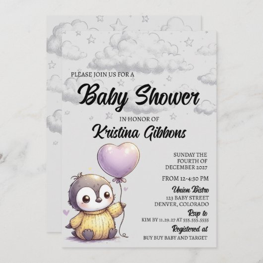 ペンギン赤ちゃんシャワー 招待状 (正面/裏面)