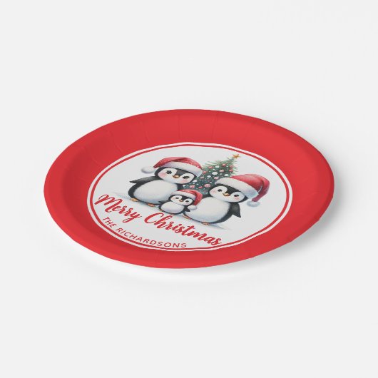 ペンギン赤と白ズファミリーメリークリスマス ペーパープレート (アングル)