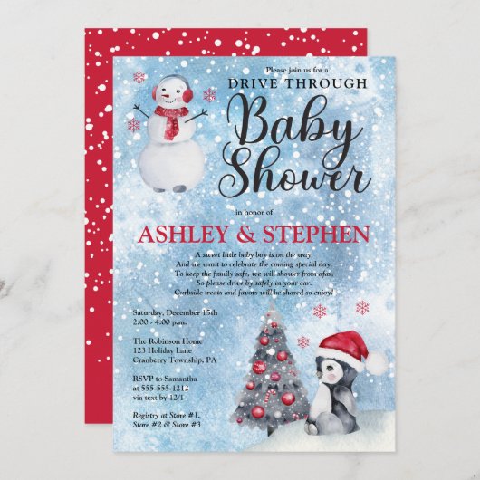 ペンギン雪だるまウィンタードライブスルーボーイベビーシャワー 招待状 (正面/裏面)