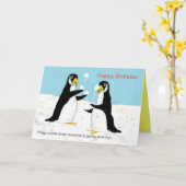 ペンギン雪だるまジャグリング。誕生日カード カード (黄色い花)