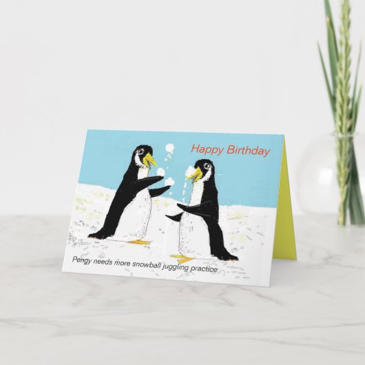 ペンギン雪だるまジャグリング。誕生日カード カード (正面)