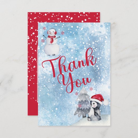 ペンギン雪だるま冬のベビーシャワーありがとう サンキューカード (正面/裏面)