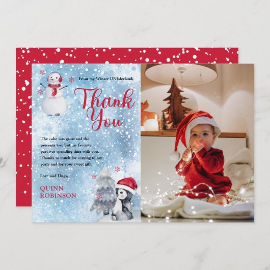 ペンギン雪だるまONEderland 1歳の誕生日 サンキューカード (正面/裏面)