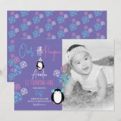 ペンギン雪片ピンクブルー1stバースデーフォト 招待状 (正面/裏面)