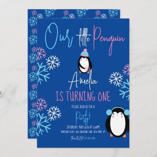 ペンギン雪片ピンクブルー1st誕生日パーティー 招待状 (正面/裏面)
