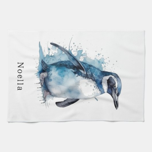 ペンギン青い水色、カスタマイズ可能 キッチンタオル (横)