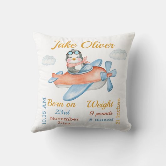 ペンギン飛行機ブルー男の赤ちゃん統計 クッション (裏面)