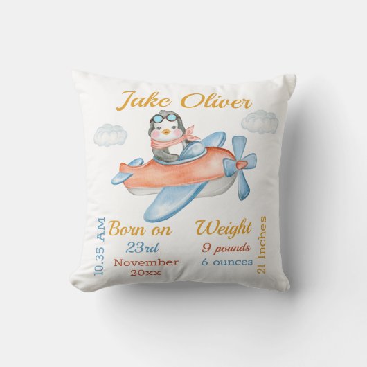 ペンギン飛行機ブルー男の赤ちゃん統計 クッション (正面)