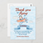 ペンギン飛行機ブルー1歳の誕生日サンキューカード ポストカード (正面/裏面)