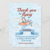 ペンギン飛行機ブルー1歳の誕生日 サンキューカード (正面/裏面)