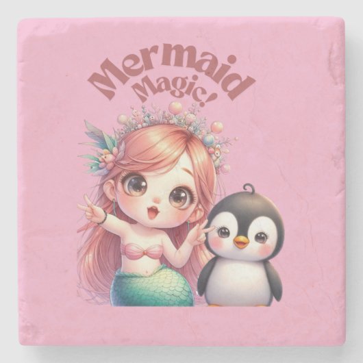 ペンギン魔法付きクリスマスマーメイドおもしろい ストーンコースター (正面)